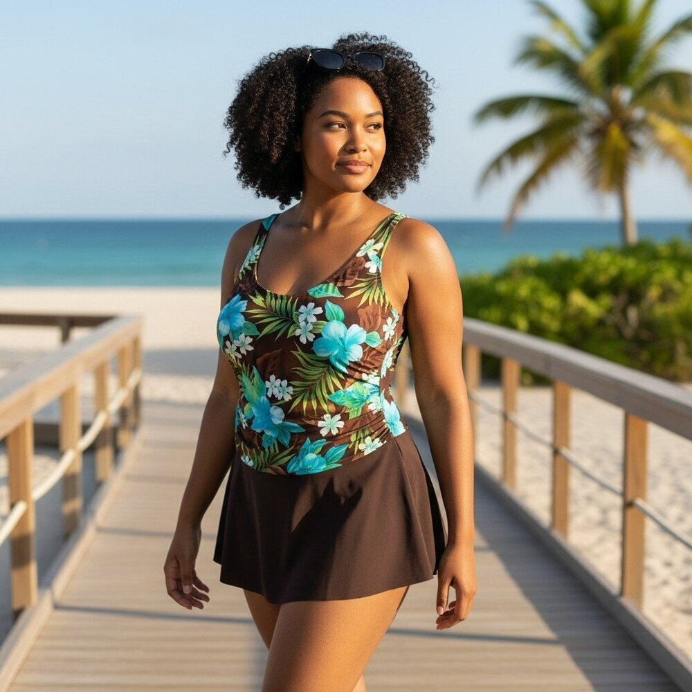 White Stag Size 22 W Brown Tropical Floral One Piece Tank Swim Dress Swimsuit